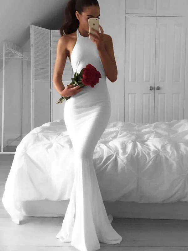 trendy wrap dressElegant Halter Mermaid White Long Bridesmaid Dress with Train