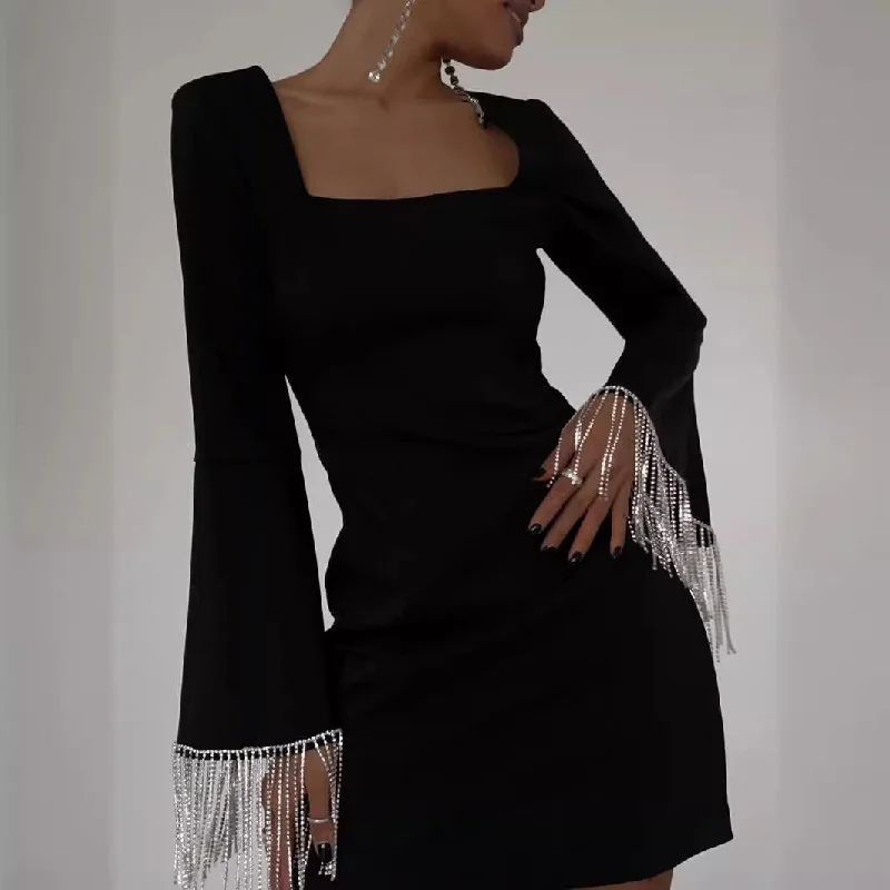 mini dressTassle Fashion Back Hollow Bell Sleeve Dress