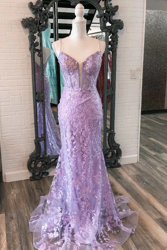 cocktail dressLavender Floral Appliques Split Neck Mermaid Long Prom Dress