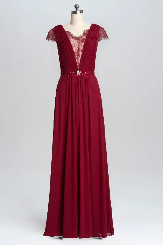 modern dressWine Red A-line Chiffon Long Bridesmaid Dress with Cap Sleeves