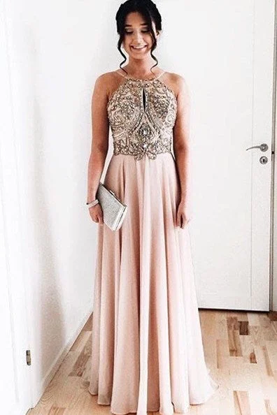 stylish party dressElegant Beaded Pink Long Prom Dress