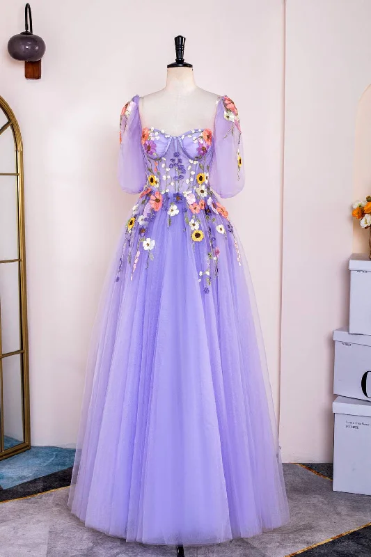 fitted dressLavender Puff Sleeves Floral Appliques A-line Long Prom Dress