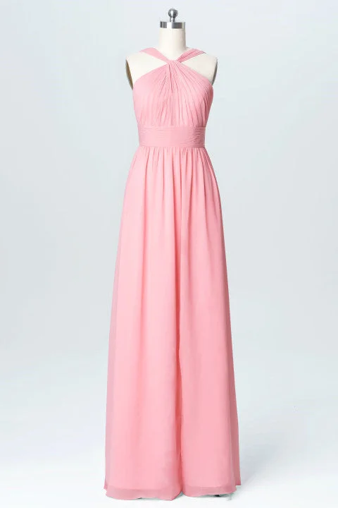 summer floral dressPink Chiffon Halter Backless A-Line Long Bridesmaid Dress