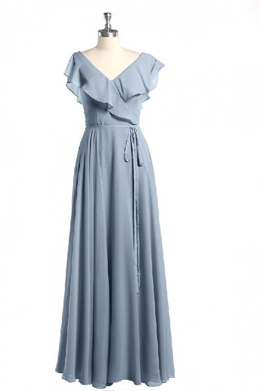 relaxed fit dressDusty Blue V-Neck Backless Ruffled A-Line Long Bridesmaid Dress