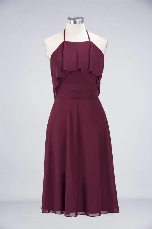 flowy evening dressBurgundy Halter Backless Ruffled A-Line Short Dress