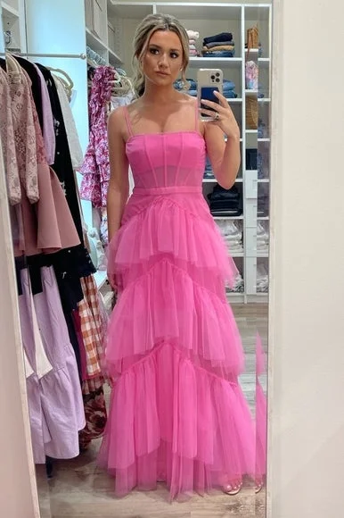 bodycon dressPrincess Hot Pink Tulle Tiered Long Dress