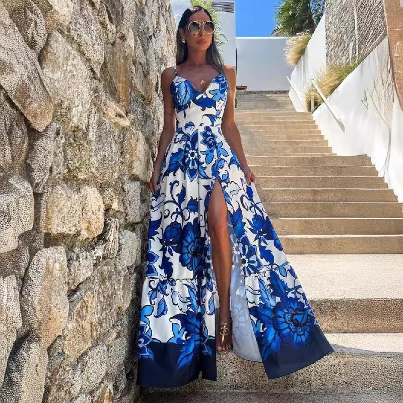 romantic dressFashion Blue Printed Sling Long Women's Dress