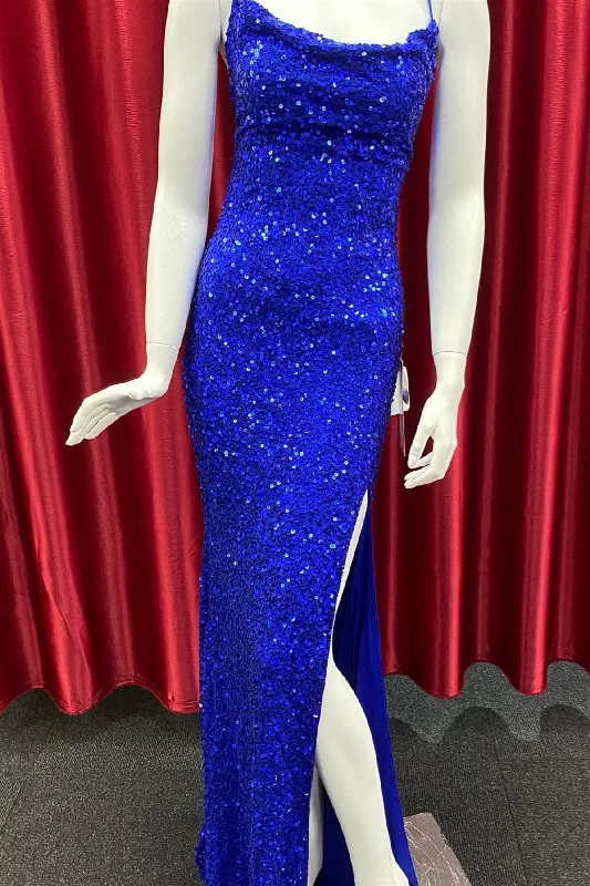 fitted cocktail dressRoyal Blue Lace-Up Sequins Mermaid Long Prom Dress with Slit