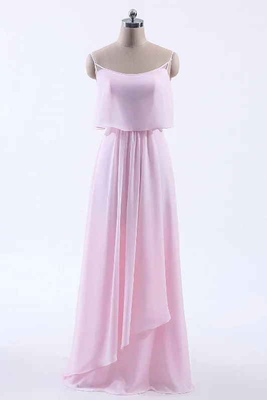 trendy mini dressPink Flounce Chiffon Straps A-line Long Bridesmaid Dress