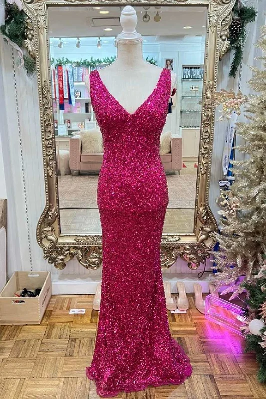 A-line dressMagenta Sequin V-Neck Mermaid Long Prom Dress