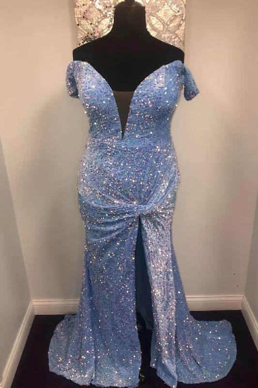 silk dressBlue Sequin Off-the-Shoulder Twist-Front Mermaid Long Prom Dress