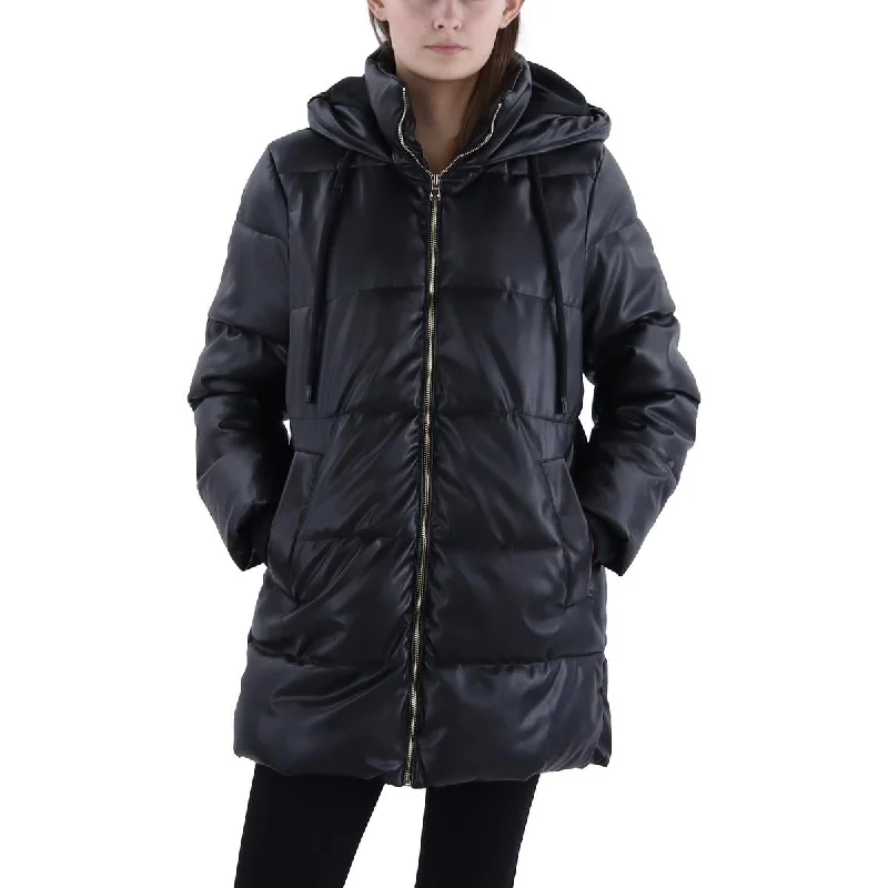 Womens Faux Leather Short Puffer Jacket