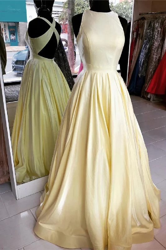 minimalistic dressYellow Cross Back Long Formal Dress with Pockets