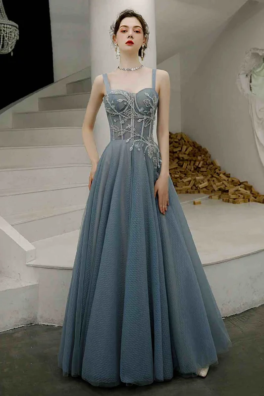 floral dressElegant  A-Line Embroidery Dusty Blue Prom Dress