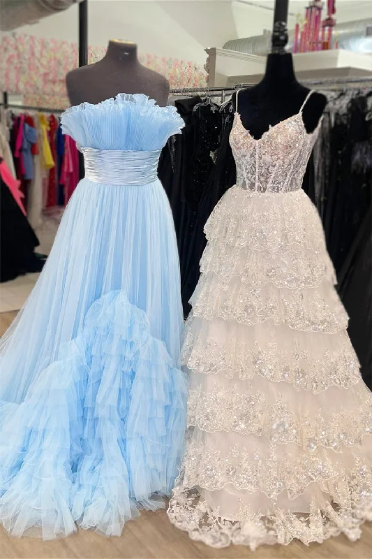 lace dressSky Blue Strapless Ruffled Empire Tulle Long Prom Dress